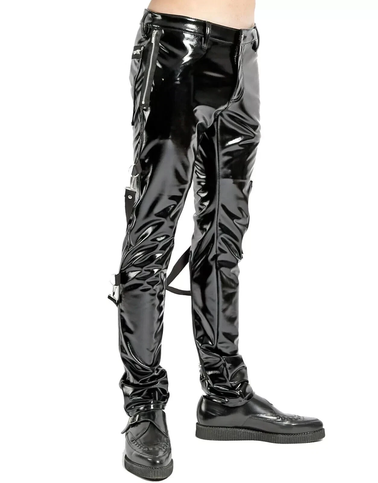 SKINNY JEANS BLACK GOTHIC SUPREME CHAOS VINYL PUNK REBEL PANTS WITH STRAP