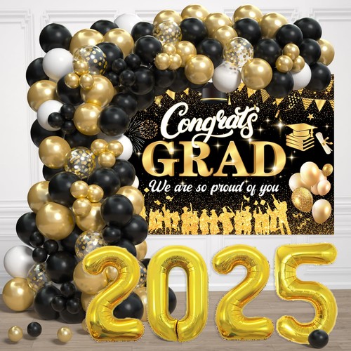 Black Gold 2025 Graduation Party Decorations - Graduation Balloon Arch ...