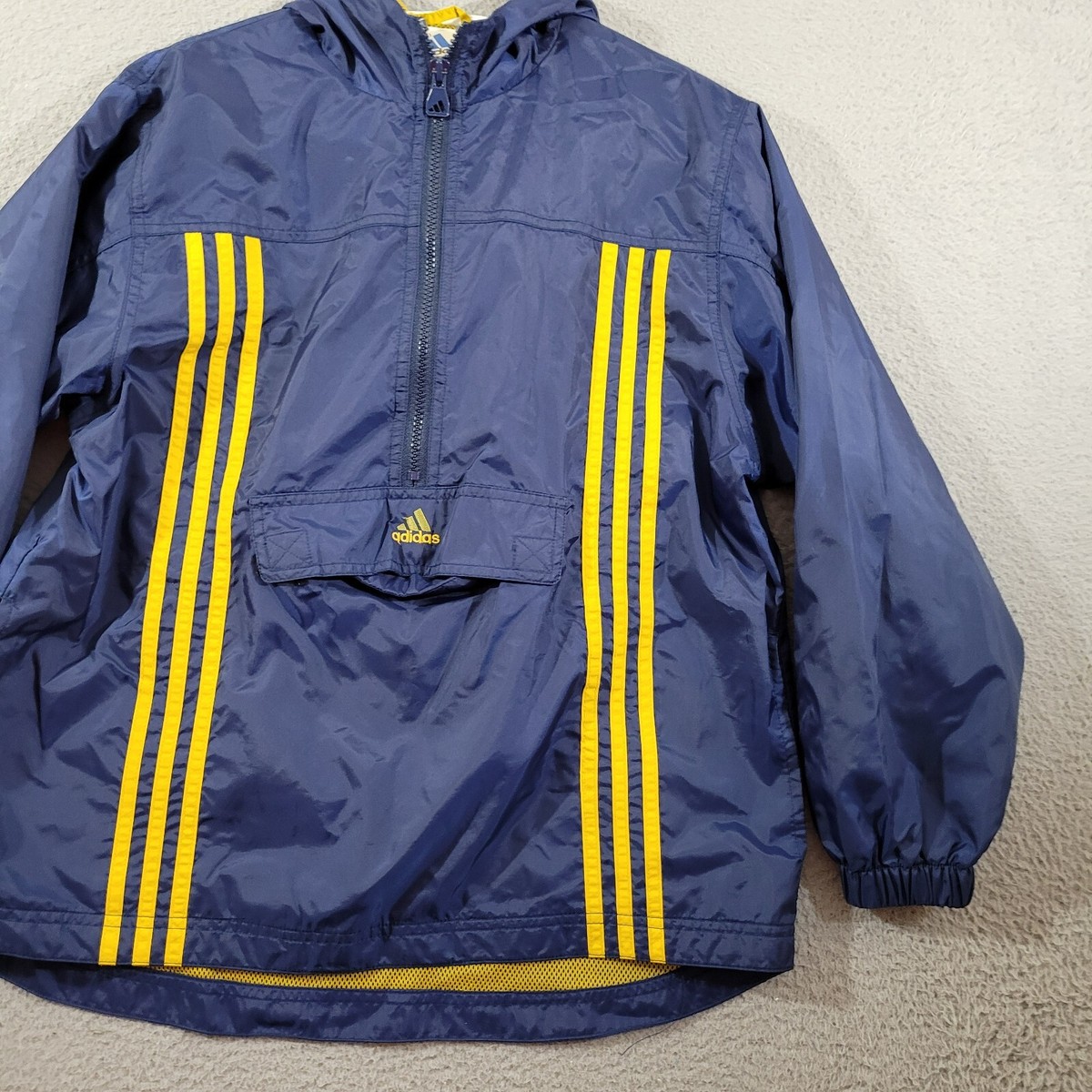 Adidas Jacket Boys Medium Blue Yellow Striped Pullover Windbreaker