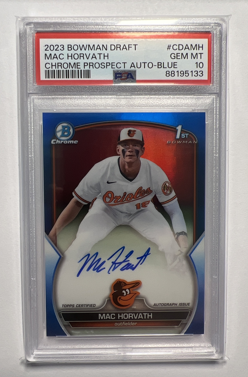 MAC HORVATH 2023 1st Bowman Draft Chrome Blue Refractor Auto /150 PSA 10 Orioles