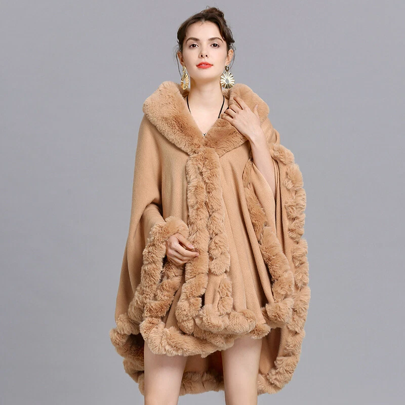Women Faux Fox Fur Collar Coat Cape Warm Shawl Gown Cardigan Poncho Winter Party