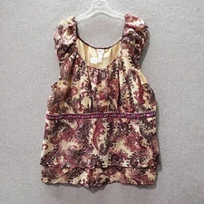 Venezia Women Top 26/28 Beige Paisley Tank Rhinestones Beaded Round Neck