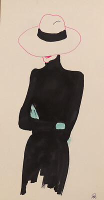 Original drawing Marker 30x15.8cm Sketch - 2023 By RG    Woman with pink hat