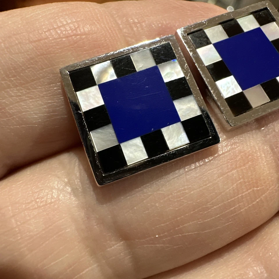 Juego de 2 gemelos WEH de plata de ley de ónix negro madreperla y lapislázuli índigo Foto 3 de 4