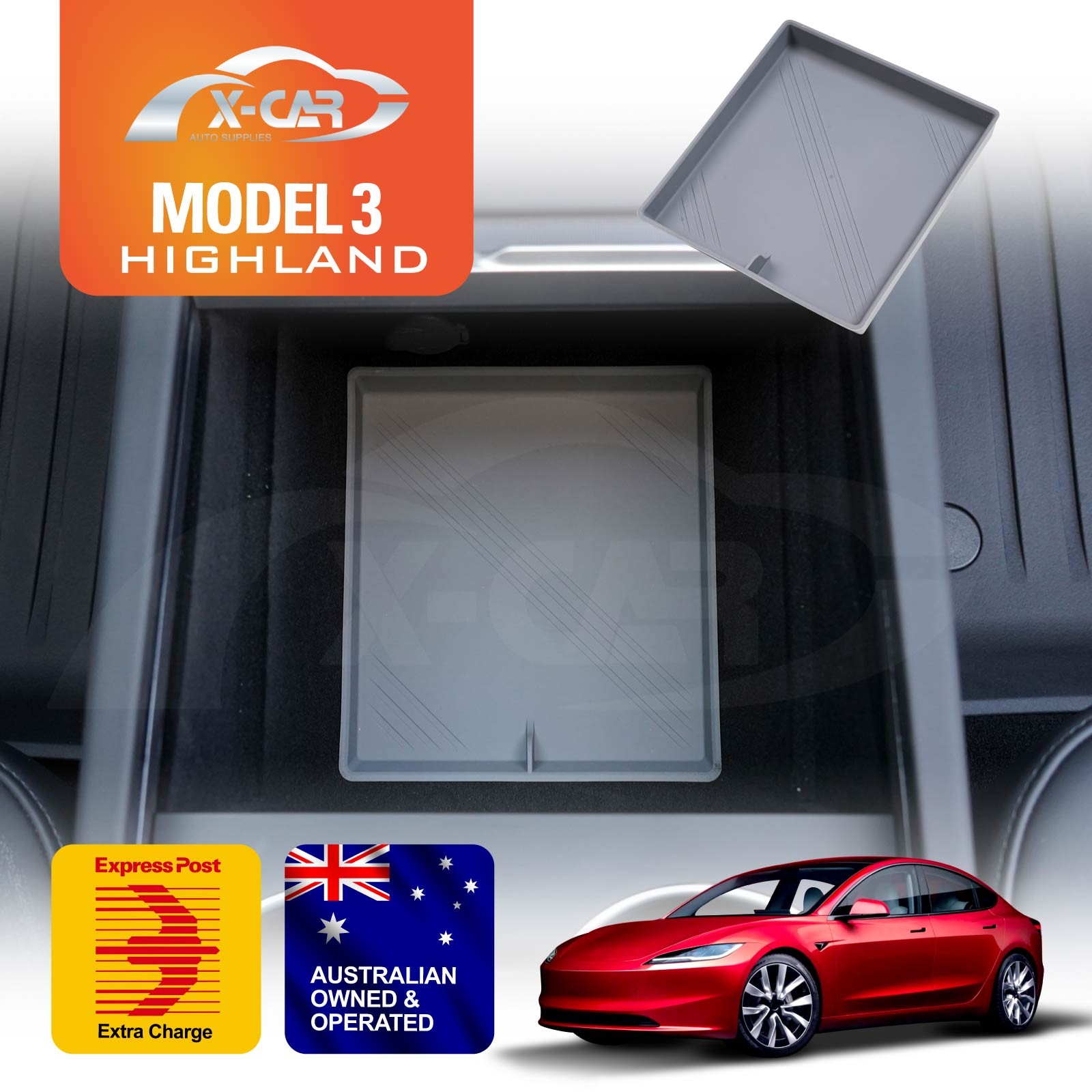 Center Console Organizer Mat for Model 3 Highland Grey Silicone Non-Slip Pad