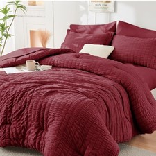Burgundy Queen Comforter Set Seersucker 7 Pieces, All Season Luxury Bed in a Bag