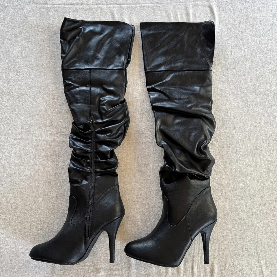 Botas elegantes negras holgadas OTK talla 9 imitación cuero Stiletto vacaciones glamour Foto 2 de 4