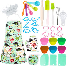 Kids Baking Chef Set 35 Pcs with Dinosaur Apron and Mitt, Cooking Chef Dress up