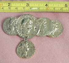 Vintage Signed M Jent Gold Tone Mock Roman Coins Brooch Pin w Dangle Charm Mjent