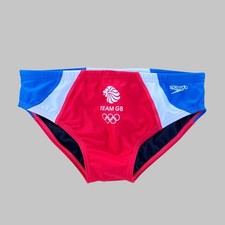 H.E.Arts Team GB logo custom print Mens red swim brief Speedo swimsuit