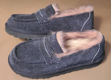 Women's Size 9 UGG ELLIS Loafer Moccasin Hairy Fur Suede Upper CHARCOAL BLACK