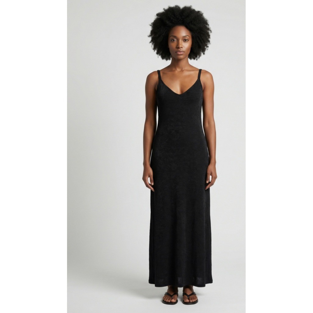 Vintage 90's Softwear Slinky Liquid Knit Sleeveless Black Maxi Dress V- Neck LBD
