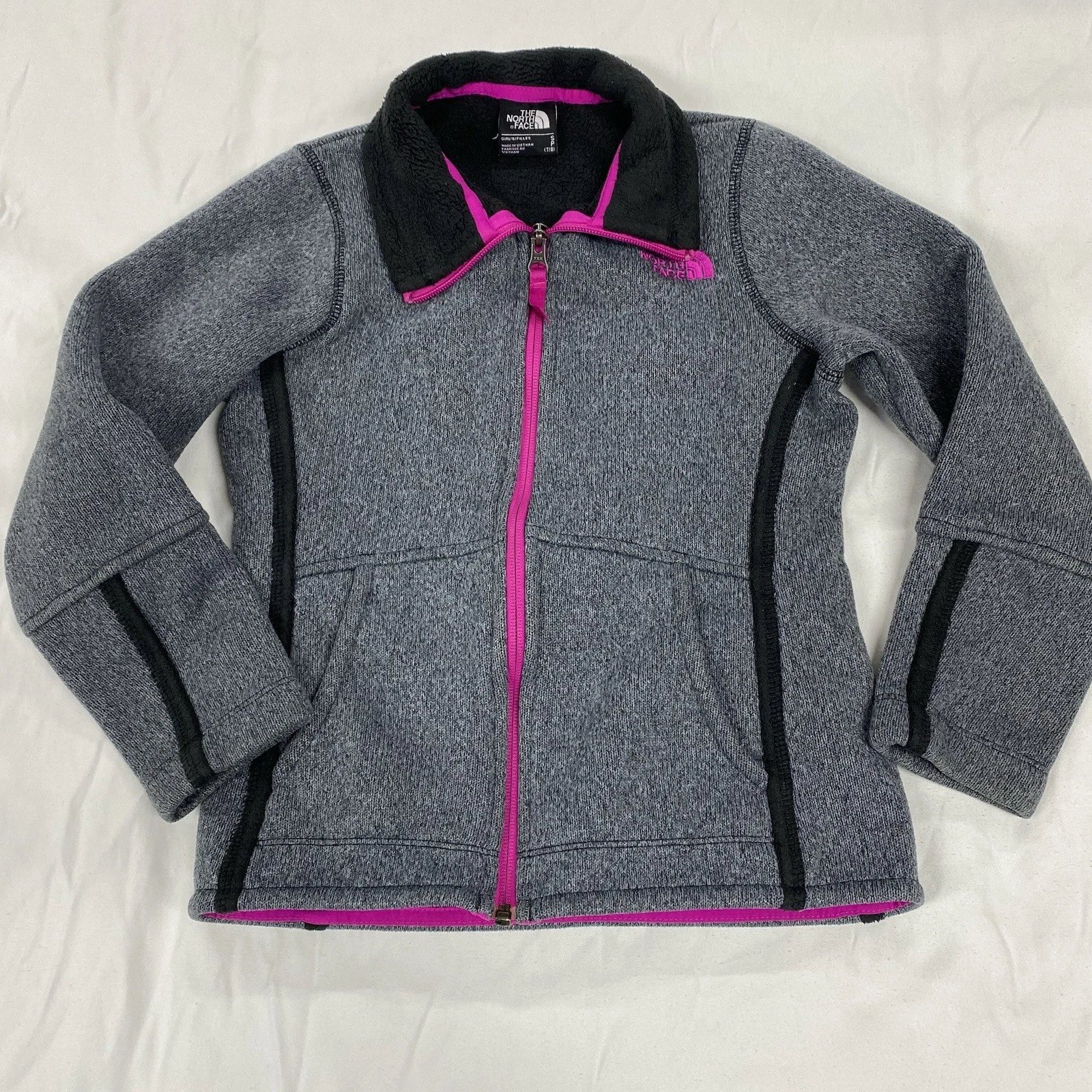 The North Face Girls Fleece Jacket Gray Pink Zip Up Size S 7/8 Youth