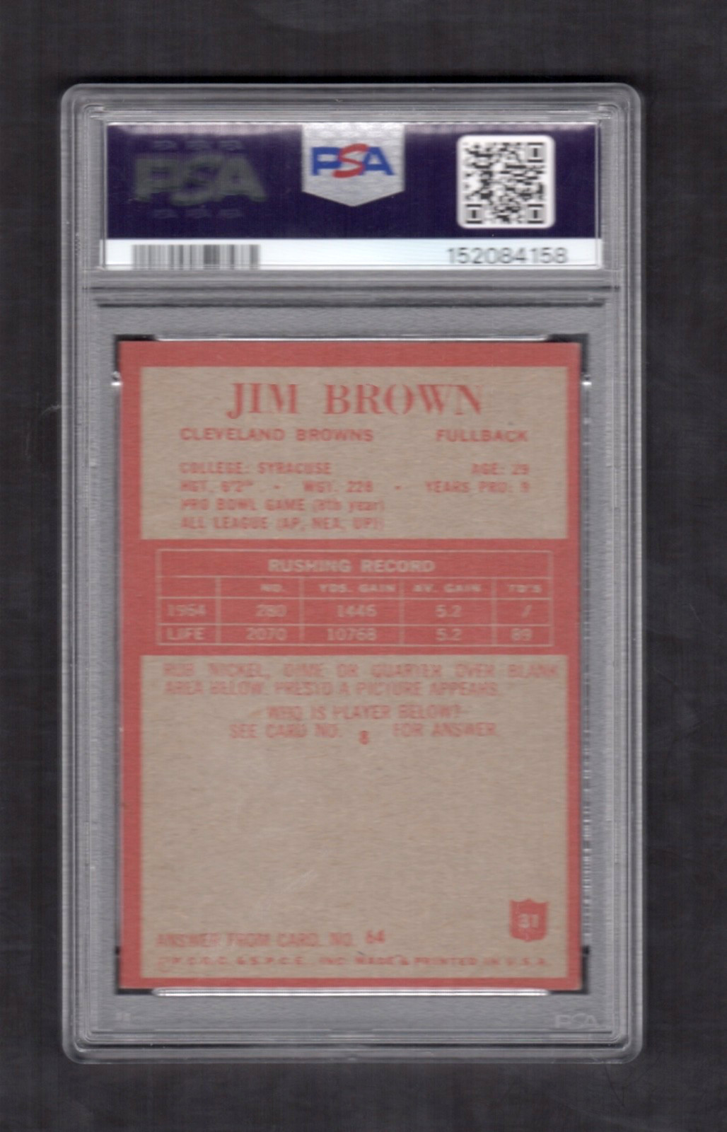1965 Jim Brown  Philadelphia Football Card #31 PSA 6 view 2