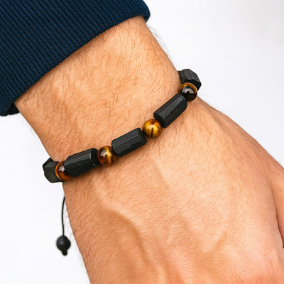 Handmade Black Tourmaline Bracelet with Tiger Eye Beads, Adjustable Bracelet
