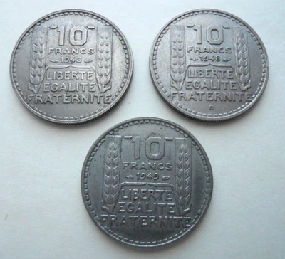LOT DE 3 PIECES DE 10 FRANCS TURIN DE 1948 X 2 + 1949 EX MONNAIE FRANCAISE - Photo 1/4