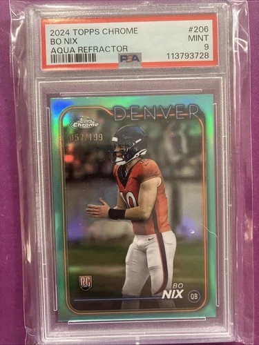 2024 TOPPS CHROME NFL #206🏈 BO NIX ROOKIE AQUA REFRACTOR #57/199 PSA 9 MINT