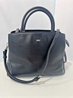 DKNY Paige Black Epi Textured Leather Satchel Bag Triple Compartment Medium