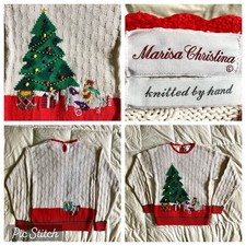 Vtg Marisa Christina Hand Knit Xmas Sweater Youth L Puppy Gift Tree White Red 3D