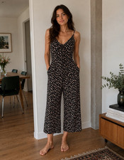 Topshop Black Floral V-Neck Wide Leg Strappy Jumpsuit Pockets UK 14