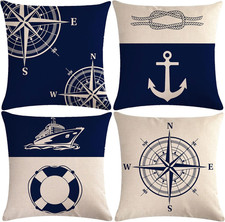 Set of 4 Nautical Navy Blue Throw Pillow Covers Coastal Sailing Anchor/Compass C