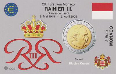 2 Euro Kursmünze MONACO ab 2001 - Fürst RAINIER III. - InfoKarte mit FOTO