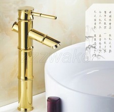 Gold Color Brass Bamboo Bathroom Single Hole Vessel Sink Faucet Mixer Tap znf046