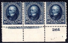 US 1895 PRESIDENT CLAY 15¢ STRIP OF 3 WITH PLATE # SCOTT #274 MINT HINGED
