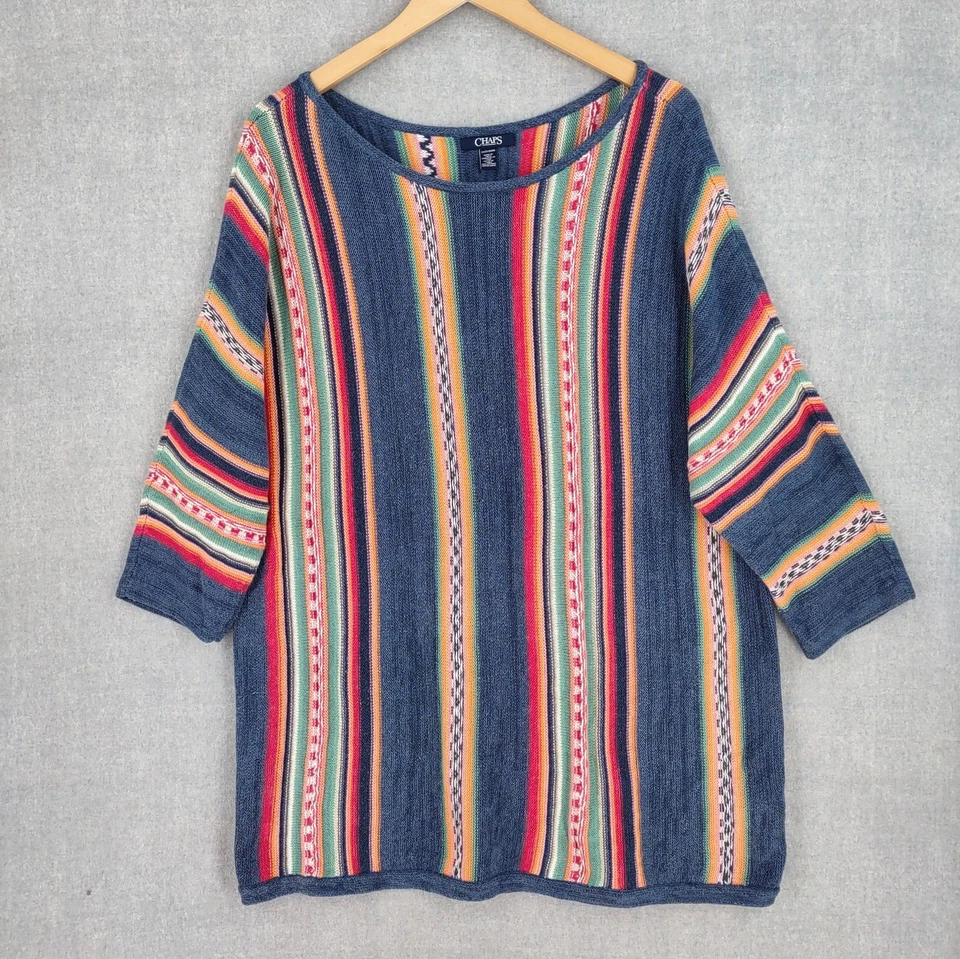 Suéter Chaps Ralph Lauren 2X Tejido Azteca Serape Rayas Túnica Suroeste Bohemio Foto 2 de 4