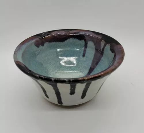 Vintage Studio Art Hand Thrown Pottery Bowl Purple Black Drip Glaze Heavy Signed