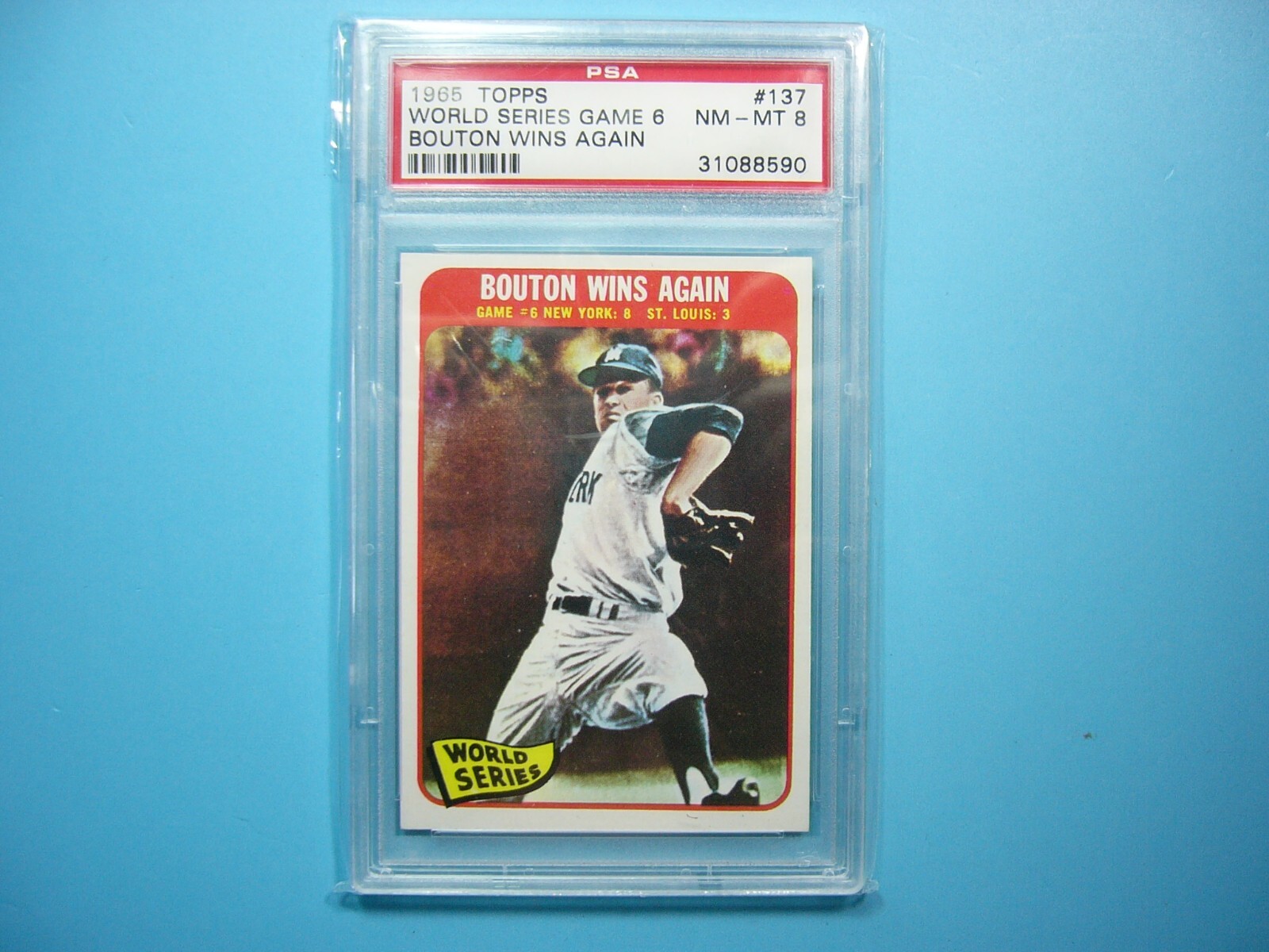 1965 TOPPS MLB BASEBALL CARD #137 JIM BOUTON PSA 8 NMMINT WORLD SERIES GAME 6 GL