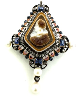 Magnifique Broche Ancienne En Or 18 Carats - Camée, Perles, émail Et Diamants, 8.62g