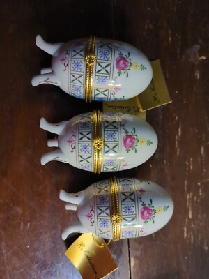 3 EGGS Porcelain Trinket Boxes Hinged Footed Gold Trim 4'' Easter Open Box Egg 2