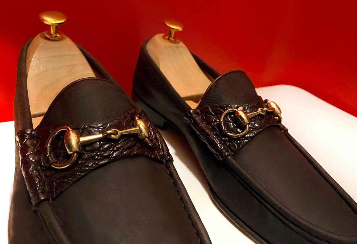 $1189.00 !! GUCCI RARE MEN'S BROWN CROC / SUEDE GOLD HORSE BIT