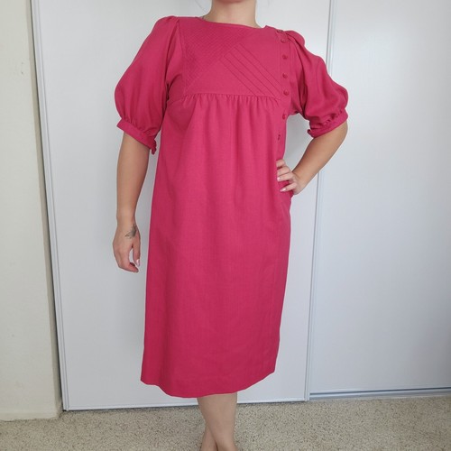 VINTAGE Leslie Fay Union Made Fuchsia Puff Sleeve Belted Dress 1970s Lady - Picture 2 of 20