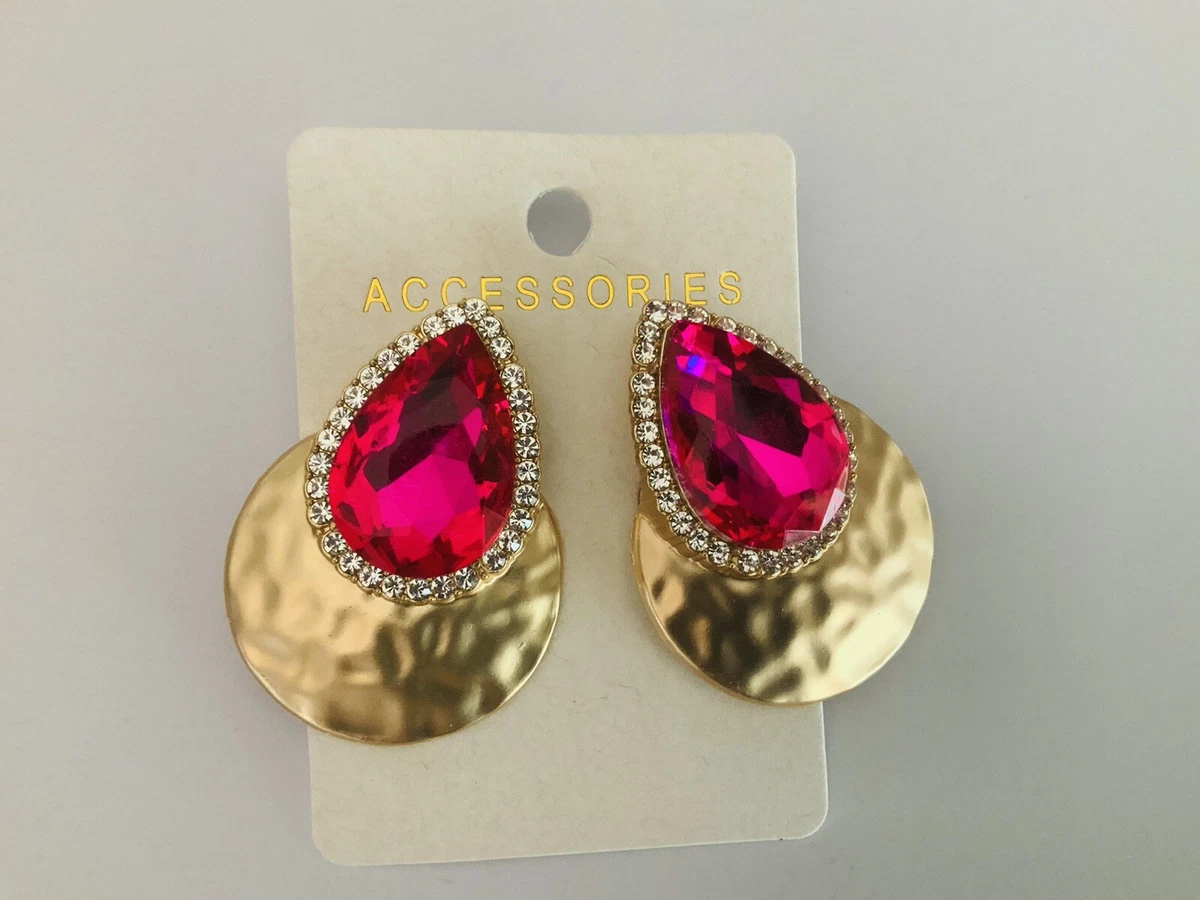 NEW Pink crystal Gold Extra Large Stud statement Earrings Fashion
