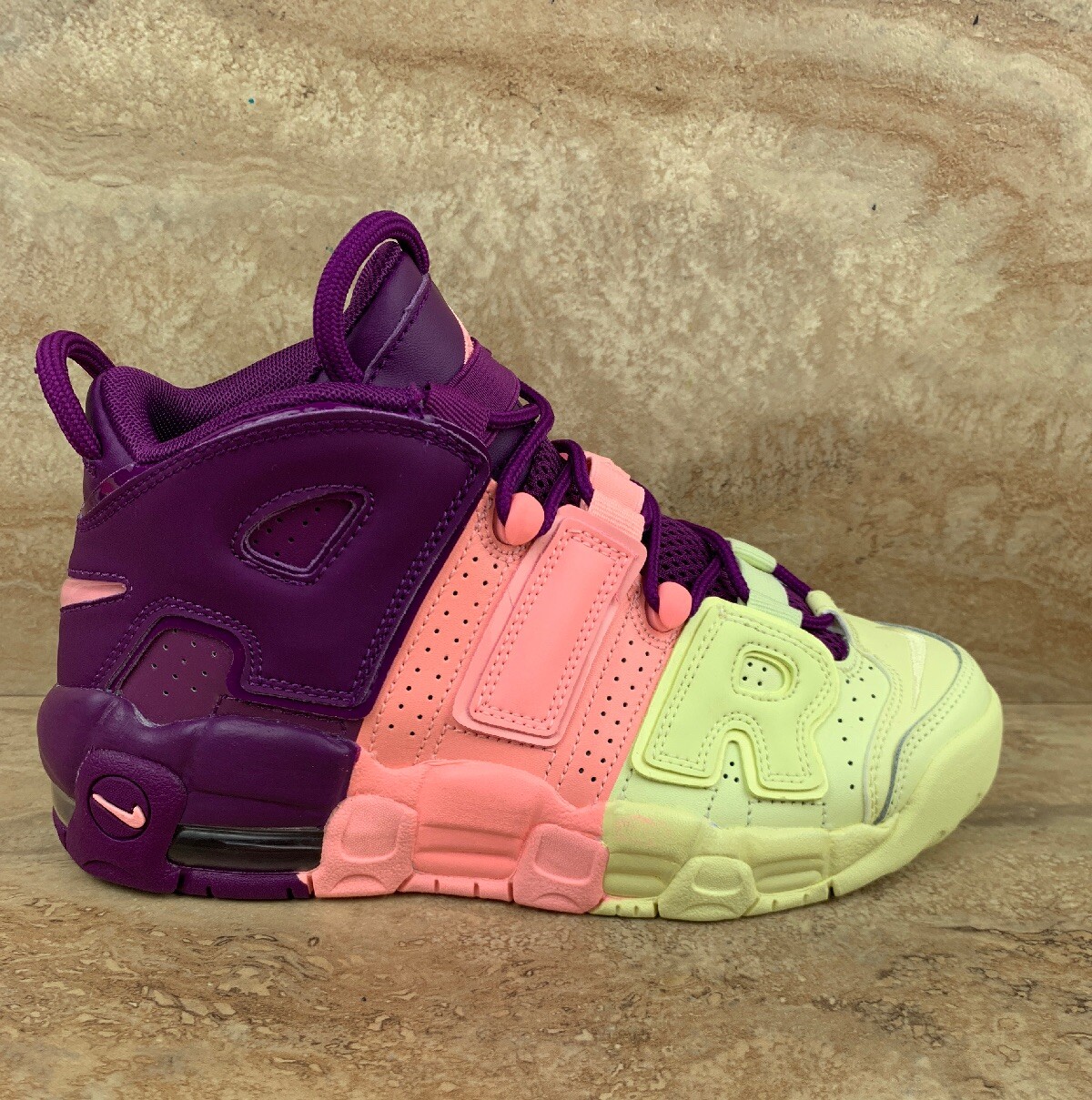 nike uptempo yellow pink purple