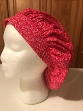Scrub Hat Medical Nursing Chemo Red with Tiny Floral Print Cotton
