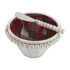 Mud Pie Home Red Tartan Plaid Enamel Dip White Wash Serving Bowl Spreader Set