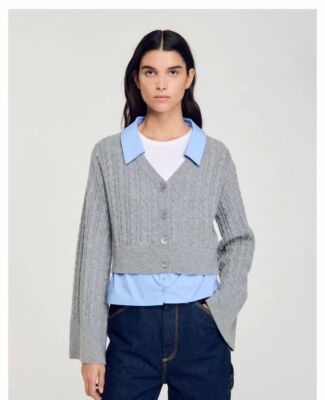 Sandro Fake two pieces splice Shirt collar Twist knit cardigan top Sweaters