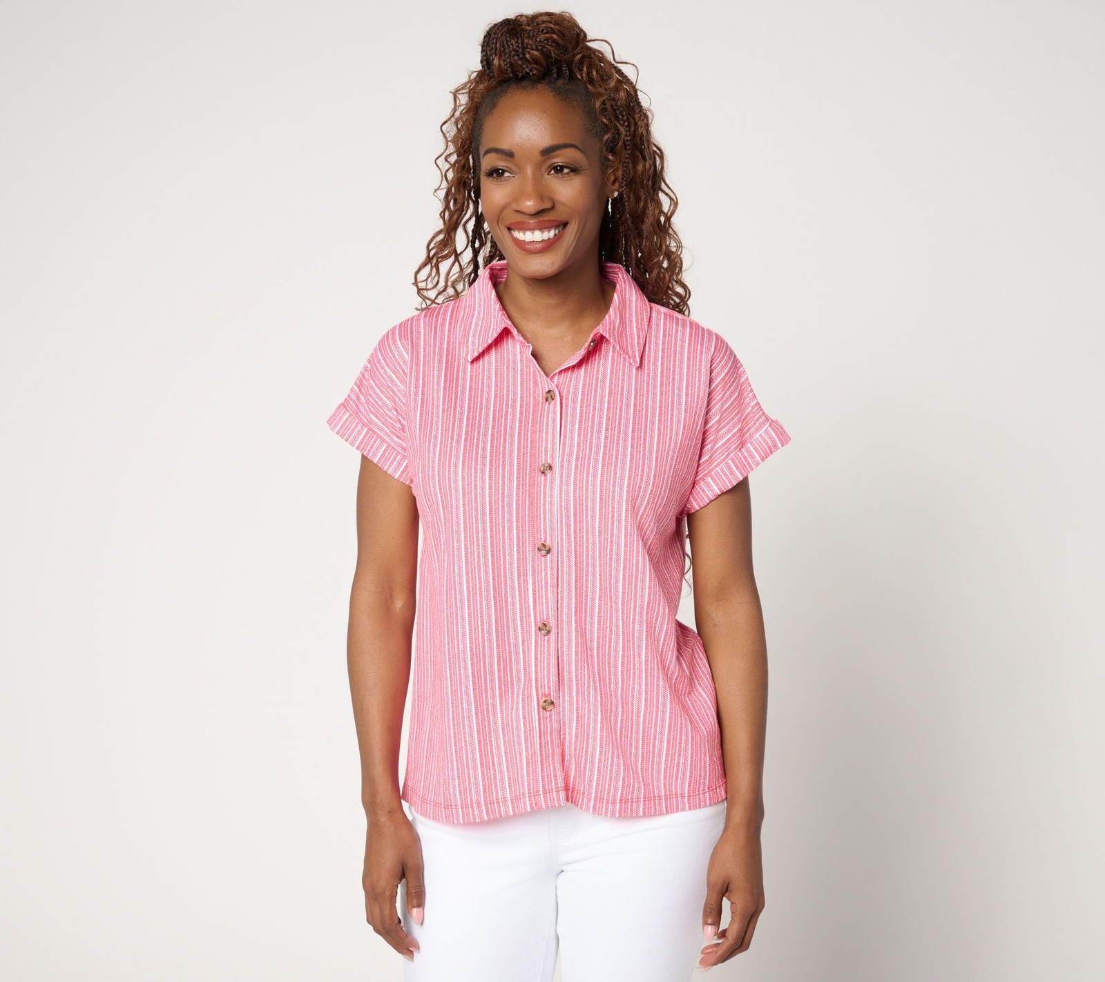 Belle by Kim Gravel Women's Top Sz M Cabana Knit Stripe Camp Shirt Pink A691837