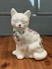 FENTON Cat Figurine White Milk Glass Hand Painted Purple Flowers Signed S. Smith