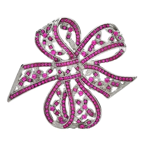 Large Pink Rhinestone Bow Brooch Pin Silver Tone Vintage Style Costume Jewelry