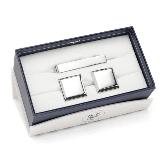 Stainless Steel Beveled Square Engravable Cufflinks and Tie Bar Gift Set - Image 2 of 4