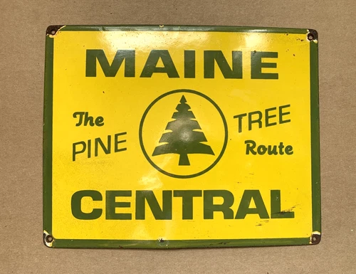 VINTAGE 10x8" MAINE CENTRAL PINE TREE PORCELAIN GAS GASOLINE PUMP STATION SIGN