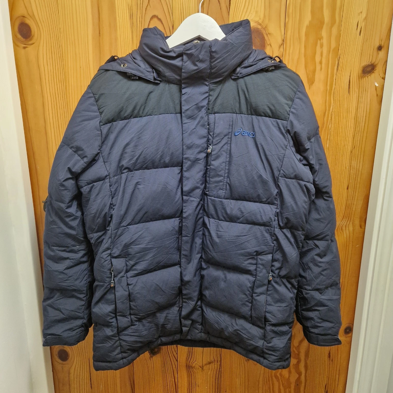 Asics Down Puffer Jacket Men’s M (95) Navy Windstopper Hooded 80/20 Down