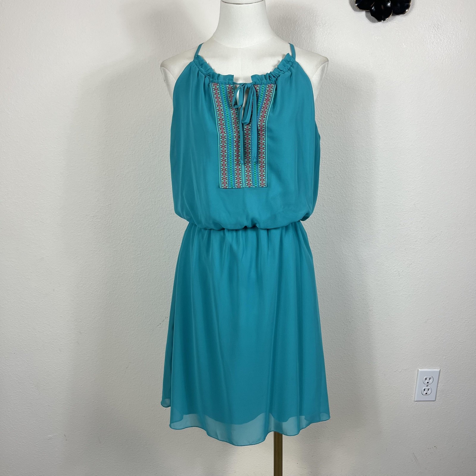En Focus Studio Dress Women 8 Blue Embroidery Boho Sundress Coastal Southwestern