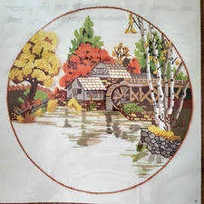 1978 FALL MILL POND Crewel Embroidery Kit ~ SUNSET STITCHERY ~ 16x16 #2473