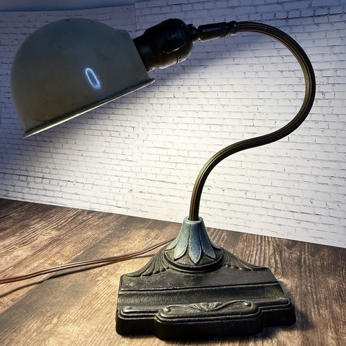 Antique Art Deco ART METAL GUILD BKLN NY Gooseneck Uno Shade WORKING Table Lamp
