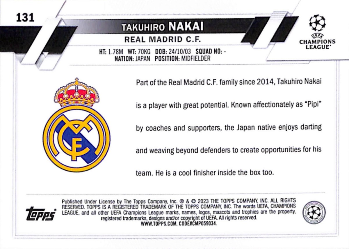 2022-23 Topps UEFA Club Competition #131 TAKUHIRO Nakai Real